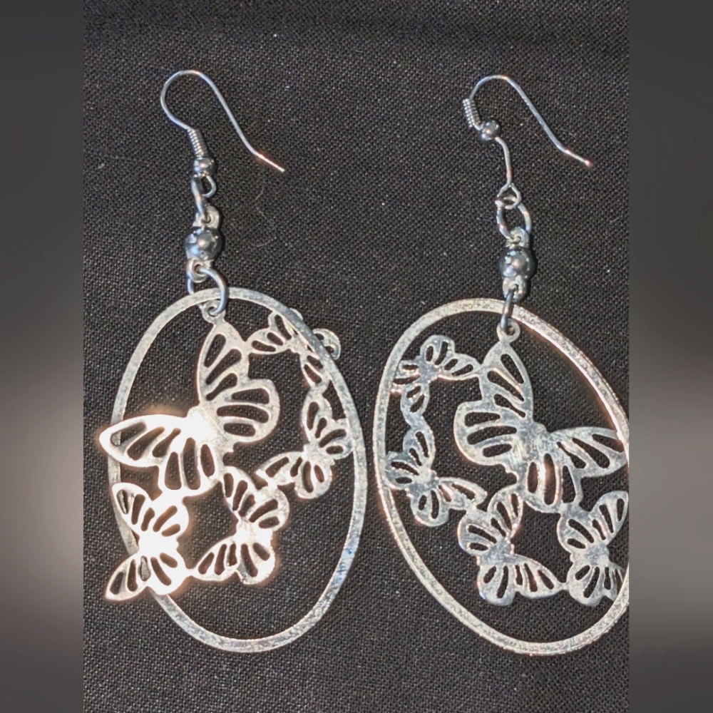 Silver Tone Butterfly Boho Chic Hanging Hoop Earrings Vintage